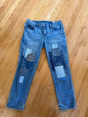 Chico's Blue Straight-Leg Jeans with Patchwork Accents